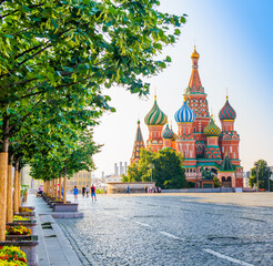Cathedral of Vasily the Blessed (Saint Basil's Cathedral) on Red Square in summer morning. Moscow. Russia