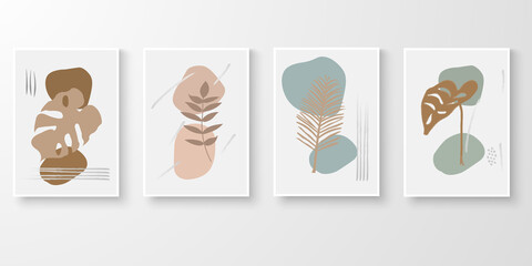 Set of botanical wall art. Minimal abstract art organic plants and pot shape composition. Vector illustration.