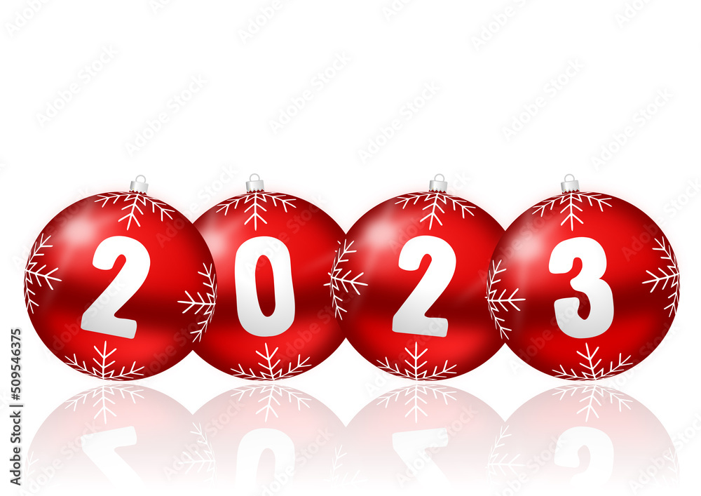 Poster new years 2023 card with red christmas baubles isolated on white background with empty copy space fo