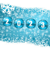 New Years 2023 greeting card with Christmas baubles on blue background with snowflakes with empty copy space for your text