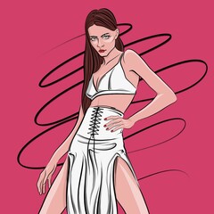 Bright fashion illustration of a brunette model in a white skirt and top. Woman with long brown hair and green eyes in a white suit is posing on the pink background.