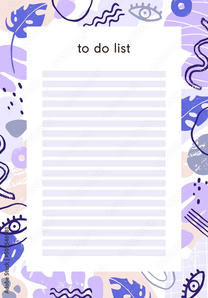 Poster To Do List page template. Planners, organizers paper design with lines for plan, notes. Modern trendy notebooks sheet background with border pattern in doodle style. Flat graphic vector illustration