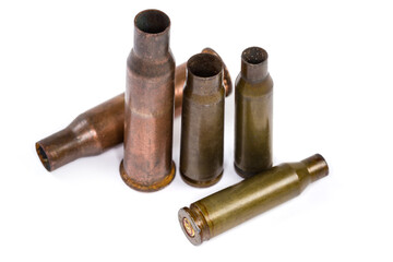 Spent shells from assault rifles different caliber in selective focus