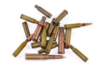 Spent shells from assault rifles and unused cartridges different calibers