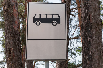 Information road sign bus stop against the pine trunks