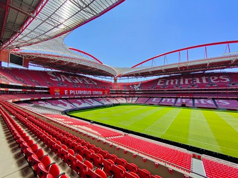Lisbon, Portugal - August, 9, 2021 - Sport Lisboa e Benfica football Stadium. Luz arena. Indoor perspective view