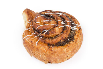 Round twisted bun with poppy seeds on a white background