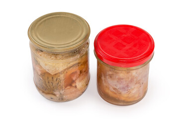 Braised pork and canned fish in two small glass jars