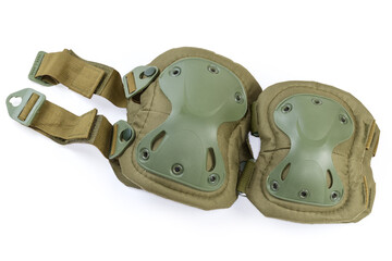 Tactical military knee pads and elbow pads on white background