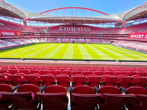 Lisbon, Portugal - August, 9, 2021 - Sport Lisboa e Benfica football Stadium. Luz arena. Indoor seat view