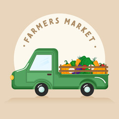 Farmers Market Poster Design With Pickup Truck Loaded By Veggies Food On Light Brown Background.