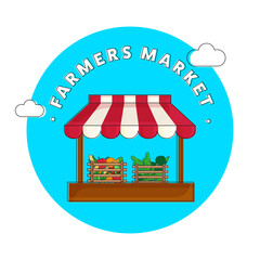 Farmer's Market Poster Design With Grocery Store Or Shop On Blue And White Background.