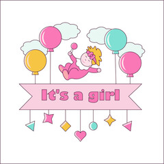 Banner with the image of a baby girl with balloons and the inscription - It's a girl