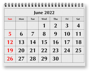 Page of the annual monthly calendar - June 2022