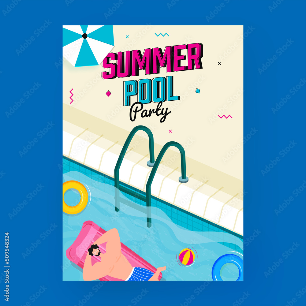 Canvas Prints Summer Pool Party Flyer Design With Top View Of Swimmer Male Lying At Inflatable Bed At Swimming Pool.