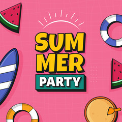 Summer Party Font With Watermelon Slice, Swimming Rings, Sand Bucket, Surfboard On Pink Grid Pattern Background.