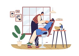 Barber caring, grooming clients beard with razor, trimmer in barbershop interior. Man sitting in chair during beauty treatment in male salon. Flat vector illustration isolated on white background