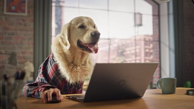 Golden Retriever Dog in a Checkered Shirt Sitting Behind a Table and Working on Laptop Computer at Home. Human Hands are Using Keyboard and Mouse. Person with Animal Head Funny Concept.