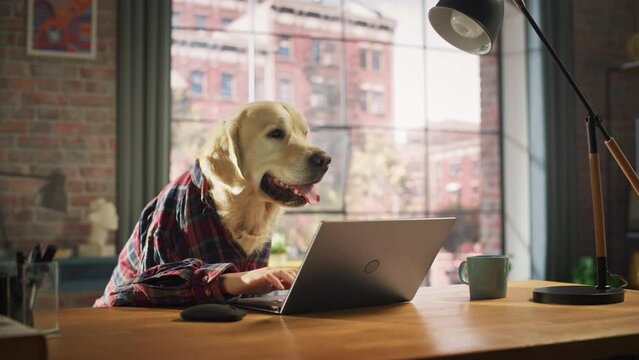 Golden Retriever Dog in a Checkered Shirt Sitting Behind a Table and Working on Laptop Computer at Home. Human Hands are Using Keyboard and Mouse. Person with Animal Head Funny Concept.