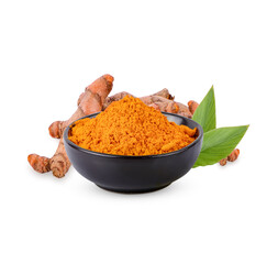 Fresh turmeric with leaves isolated on white background