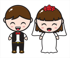Cute cartoon couple illustration wearing wedding dress