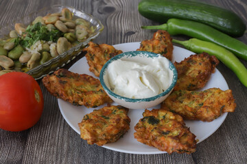 Mucver, Turkish traditional food. (Turkish cuisine) Homemade Food with Zucchini.
