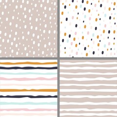 Set of colorful abstract hand-drawn seamless patterns. Circles and lines. For the design of decorative textiles, wallpapers, wrapping paper