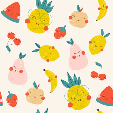 Seamless pattern with cute fruits. Vector illustrations