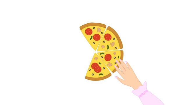 Animation or motion graphic hand drawn men and women pick up slices of cut pizza with salami champignons and green peppers on a white background copy space for text