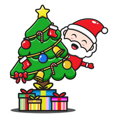 cute santa claus cartoon illustration with christmas tree and gifts