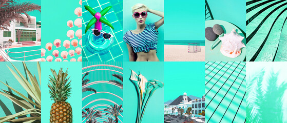 Set of trendy aesthetic photo collages. Minimalistic images of one top color.  Aqua Menthe tropical moodboard