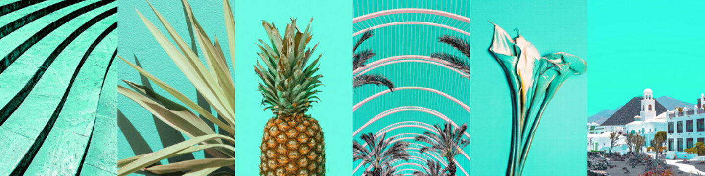 Set of trendy aesthetic photo collages. Minimalistic images of one top color.  Aqua Menthe tropical moodboard
