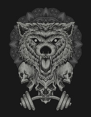 illustration baddas wolf head with skull