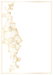 Postcard template with rectangular frame, orchid branch with flowers, buds, hand draw outline , golden gradient.