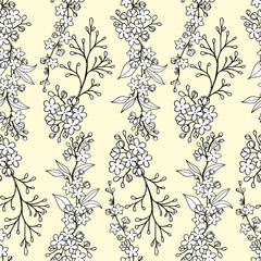 Seamless pattern with flowering branches of an ornamental spirea shrub, objects with white fill and black outline on a yellow background.