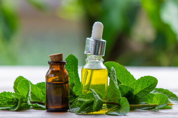 Peppermint essential oil in a small bottle. Selective focus.