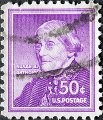 UNITED STATES - CIRCA 1955: a postage stamp from UNITED STATES , showing ein porträt der  Women's rights activist, Susan B. Anthony (1820-1906)  . Circa 1955