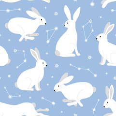 Seamless pattern with cute rabbits. White hares on a blue sky background with stars and constellations. Hare in a white winter coat in different poses. Vector illustration.