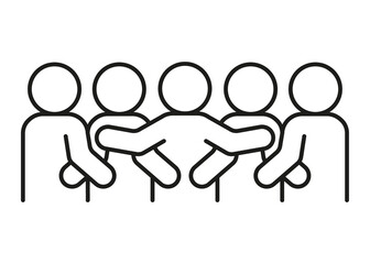 Group people hug, line icon. Embrace friend, family, teamwork. Hope, support, care through social cuddle. Vector outline sign illustration