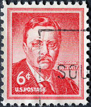 UNITED STATES - CIRCA 1955: a postage stamp from UNITED STATES , showing ein porträt des 26th President of the U.S.A.), Theodore Roosevelt (1858-1919) . Circa 1955