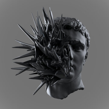 Abstract illustration from 3D rendering illustration of black stone classical sculpture head with shiny black spikes bursting face isolated on grey background.
