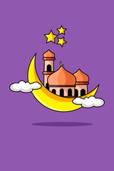 Design Mosque and Moon Star Cartoon Illustration