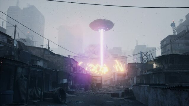 An unidentified flying object blasts the city slums with an alien weapon. The apocalypse that was set up by alien invaders. The animation is ideal for apocalyptic, sci-fi and space backgrounds.