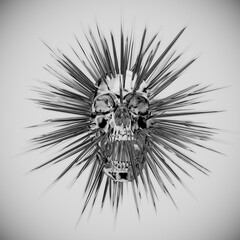 Abstract front view illustration from 3d rendering of metallic screaming skull with exploding spike rays in black and white monochrome tones.