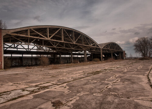 Abandoned German military airfield Neutief on the Vistula spit on the Baltic Sea and Vistula lagoon. The airfield was built in 1936-1939 for the needs of the Luftwaffe. Now is the territory of Russia.