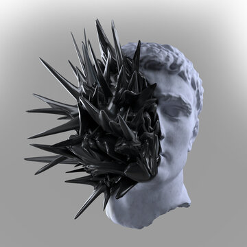 Abstract illustration from 3D rendering illustration of white marble classical sculpture head with shiny black spikes bursting face isolated on grey background.