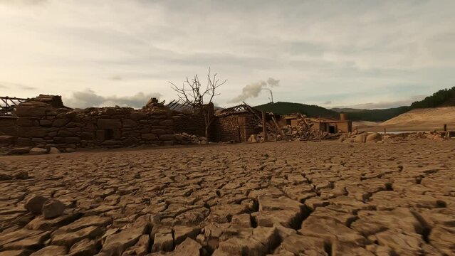 Drought cracked surface land near abandoned town of Aceredo, dolly forward