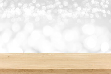 Empty wood table top on white bokeh abstract  background For montage products display new year,christmas day,winter season concept