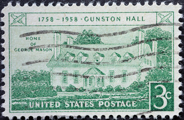 UNITED STATES - CIRCA 1958: a postage stamp from UNITED STATES , showing the historic building of Gunston Hall, Virginia . Circa 1958
