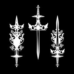 medieval knight sword inside king crown and heraldic rose flowers black and white vector calligraphic silhouette design set
